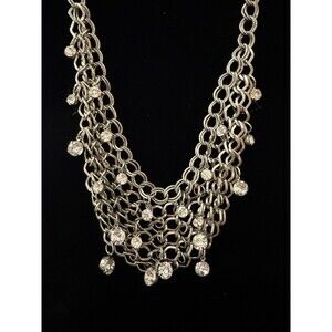 Silver Tone Multi-Strand Chain Statement Necklace Clear Stones Beads Layered